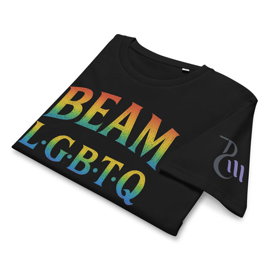 BEAM LGBTQ Rainbow Pride Front & Back T-Shirt – Radiant Glitter Effect Gay Pride Tee for Bold Self-Expression. Unisex organic mid-light t-shirt