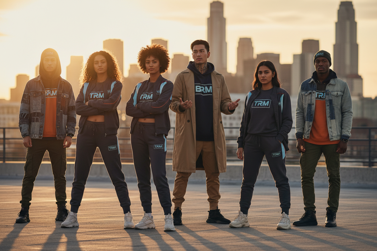 Group of young adults (ages 17–35) from different cultures standing together confidently, wearing BEAM and TRM apparel mix. Urban downtown rooftop, sunset glow, cinematic depth, fashion editorial composition. Theme: unity, global consciousness, style, power, awakening generation.