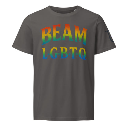 BEAM LGBTQ Rainbow Pride Front & Back T-Shirt – Radiant Glitter Effect Gay Pride Tee for Bold Self-Expression. Unisex organic mid-light t-shirt