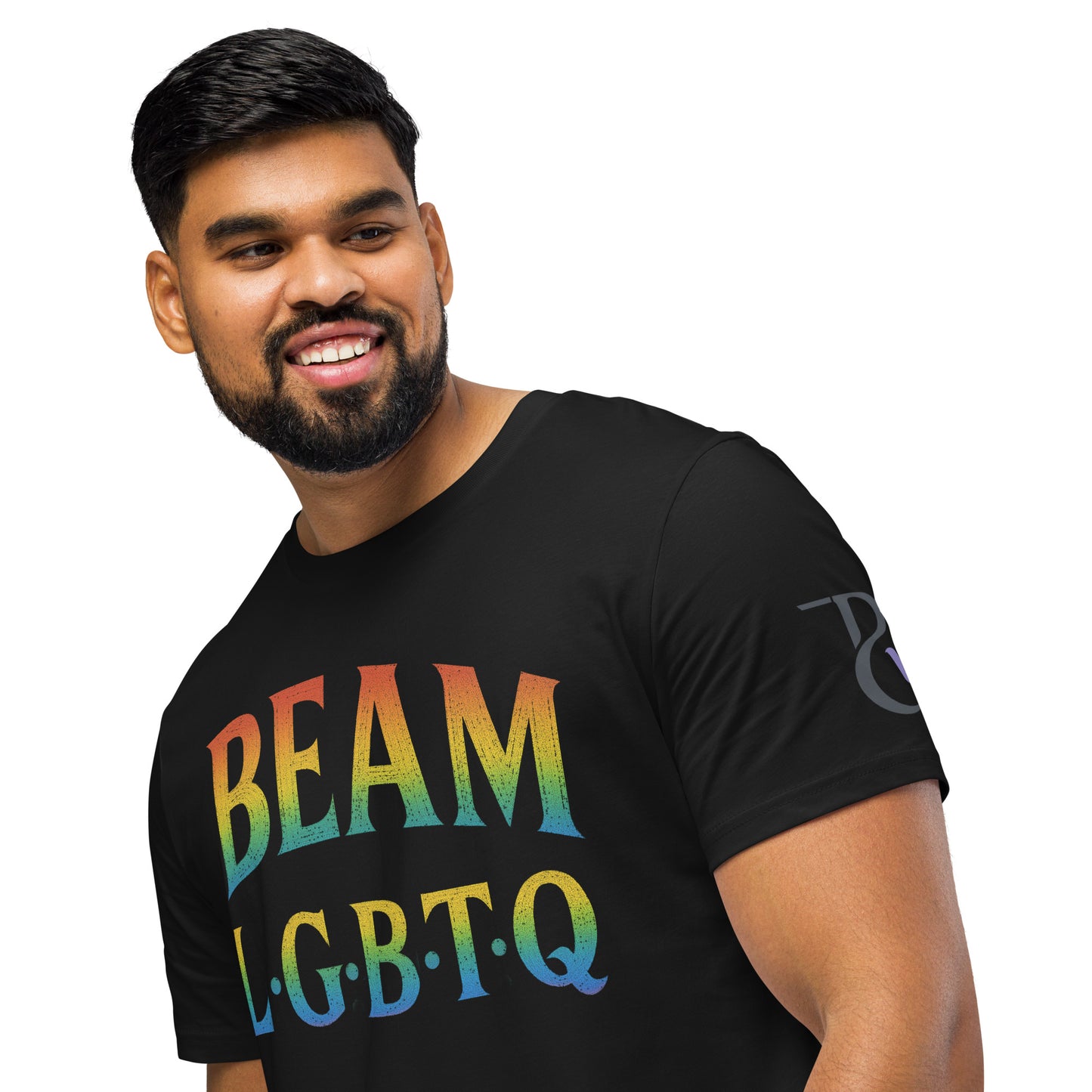 BEAM LGBTQ Rainbow Pride Front & Back T-Shirt – Radiant Glitter Effect Gay Pride Tee for Bold Self-Expression. Unisex organic mid-light t-shirt