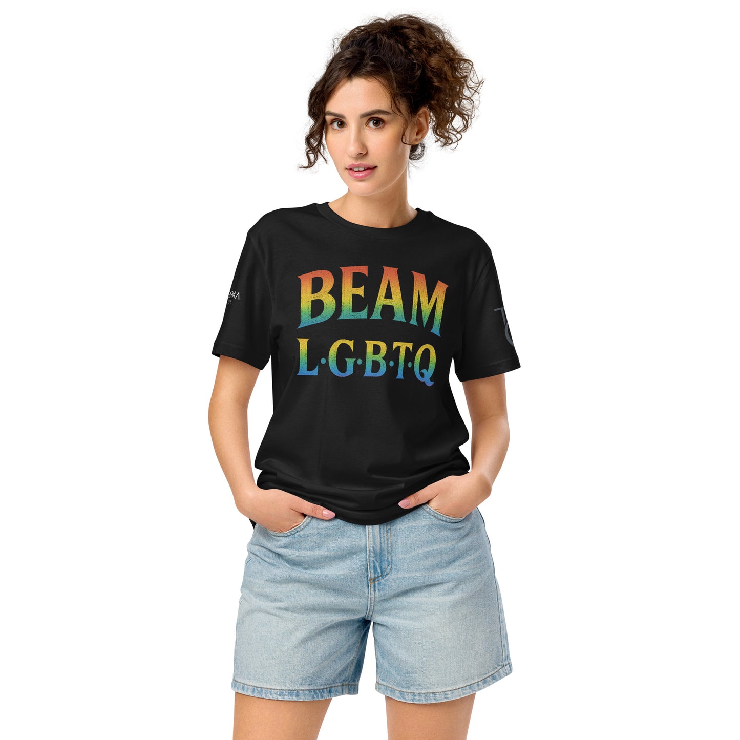 BEAM LGBTQ Rainbow Pride Front & Back T-Shirt – Radiant Glitter Effect Gay Pride Tee for Bold Self-Expression. Unisex organic mid-light t-shirt