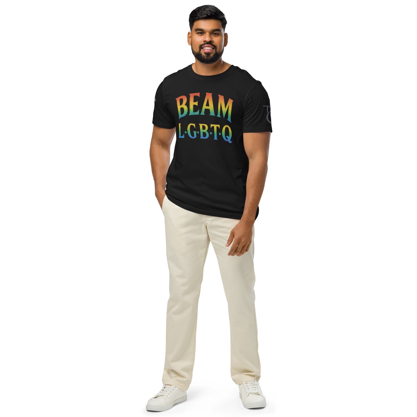 BEAM LGBTQ Rainbow Pride Front & Back T-Shirt – Radiant Glitter Effect Gay Pride Tee for Bold Self-Expression. Unisex organic mid-light t-shirt