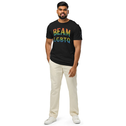 BEAM LGBTQ Rainbow Pride Front & Back T-Shirt – Radiant Glitter Effect Gay Pride Tee for Bold Self-Expression. Unisex organic mid-light t-shirt
