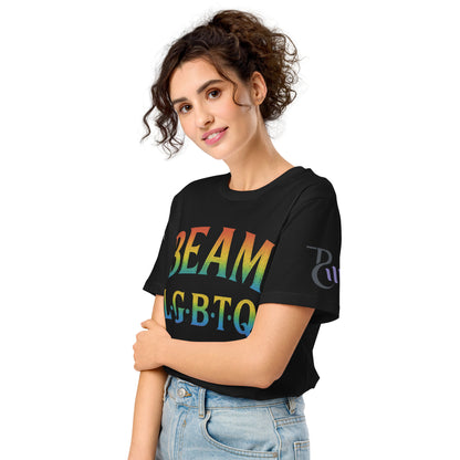 BEAM LGBTQ Rainbow Pride Front & Back T-Shirt – Radiant Glitter Effect Gay Pride Tee for Bold Self-Expression. Unisex organic mid-light t-shirt