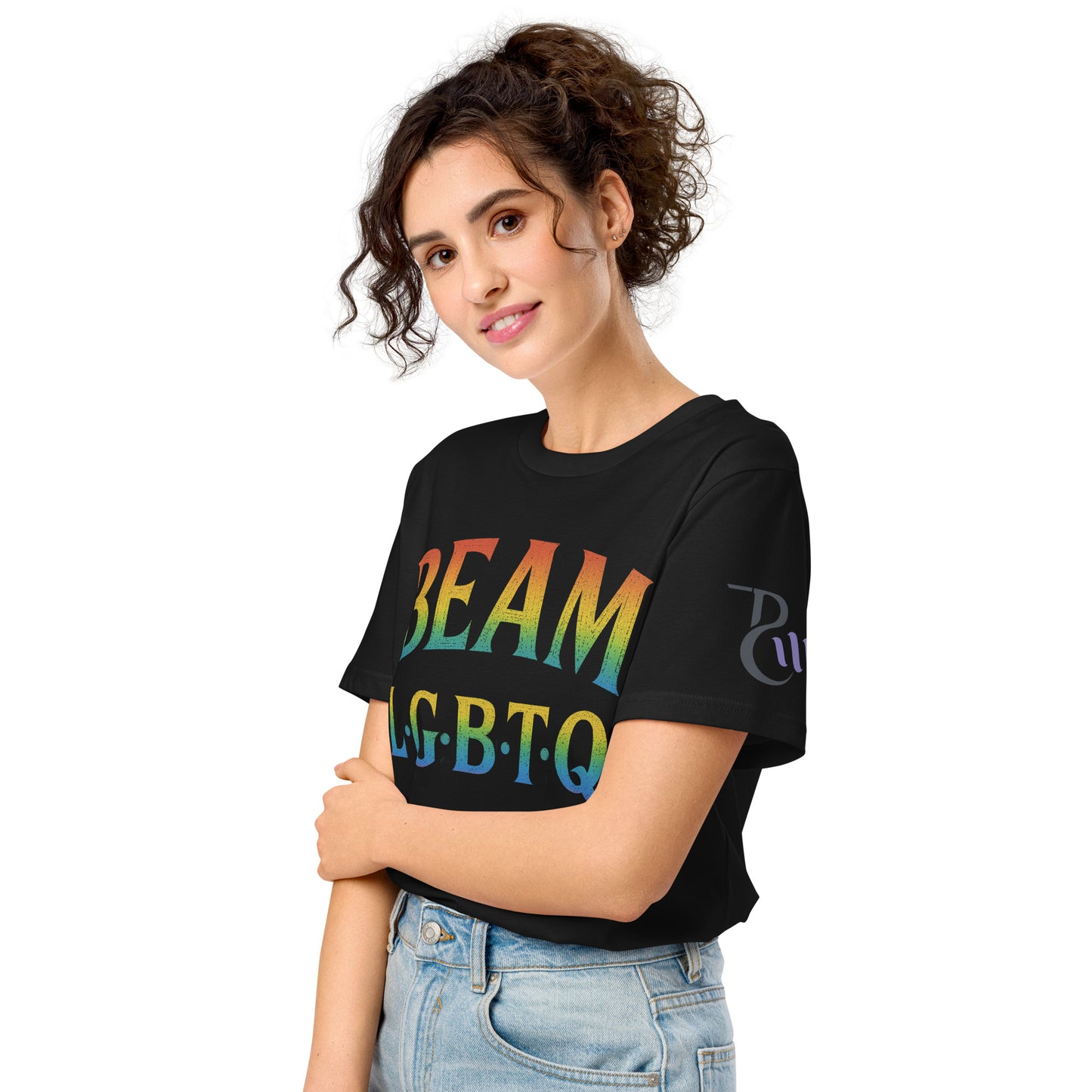 BEAM LGBTQ Rainbow Pride Front & Back T-Shirt – Radiant Glitter Effect Gay Pride Tee for Bold Self-Expression. Unisex organic mid-light t-shirt