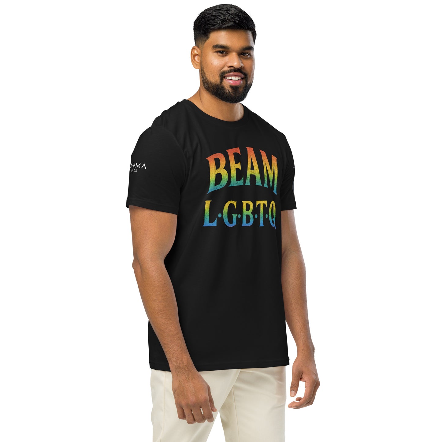 BEAM LGBTQ Rainbow Pride Front & Back T-Shirt – Radiant Glitter Effect Gay Pride Tee for Bold Self-Expression. Unisex organic mid-light t-shirt