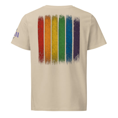 BEAM LGBTQ Rainbow Pride Front & Back T-Shirt – Radiant Glitter Effect Gay Pride Tee for Bold Self-Expression. Unisex organic mid-light t-shirt