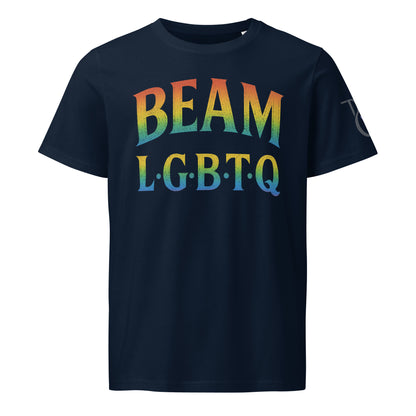 BEAM LGBTQ Rainbow Pride Front & Back T-Shirt – Radiant Glitter Effect Gay Pride Tee for Bold Self-Expression. Unisex organic mid-light t-shirt