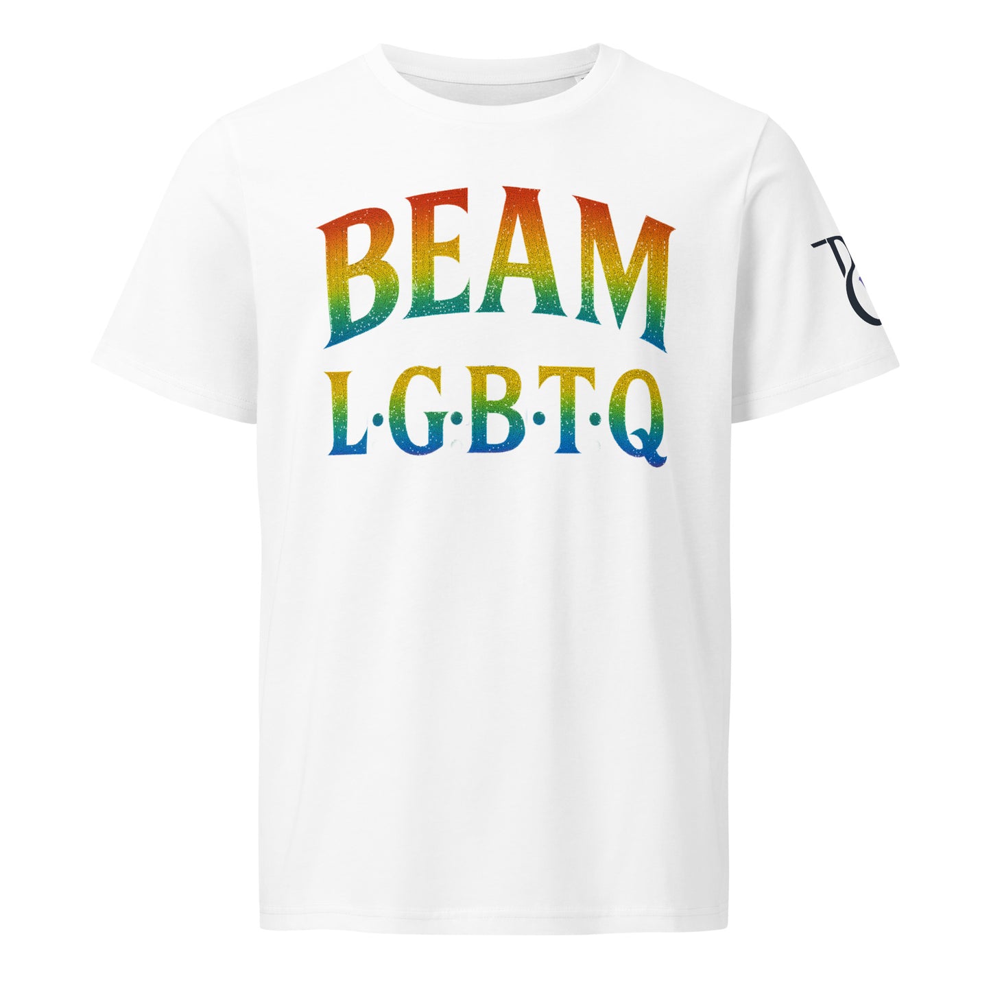 BEAM LGBTQ Rainbow Pride Front & Back T-Shirt – Radiant Glitter Effect Gay Pride Tee for Bold Self-Expression. Unisex organic mid-light t-shirt