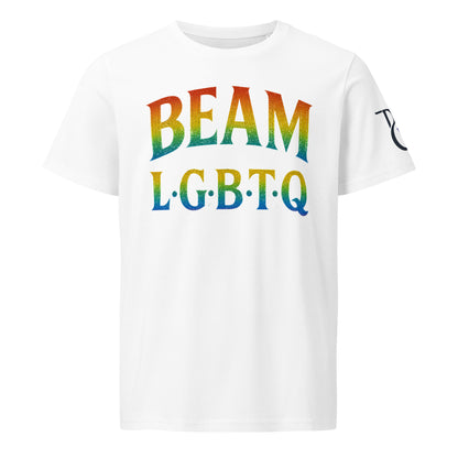 BEAM LGBTQ Rainbow Pride Front & Back T-Shirt – Radiant Glitter Effect Gay Pride Tee for Bold Self-Expression. Unisex organic mid-light t-shirt